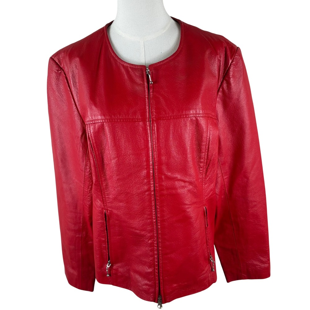 Vintage Newport News Leather Jacket L Red Collarless Full Zip Y2K Biker Moto